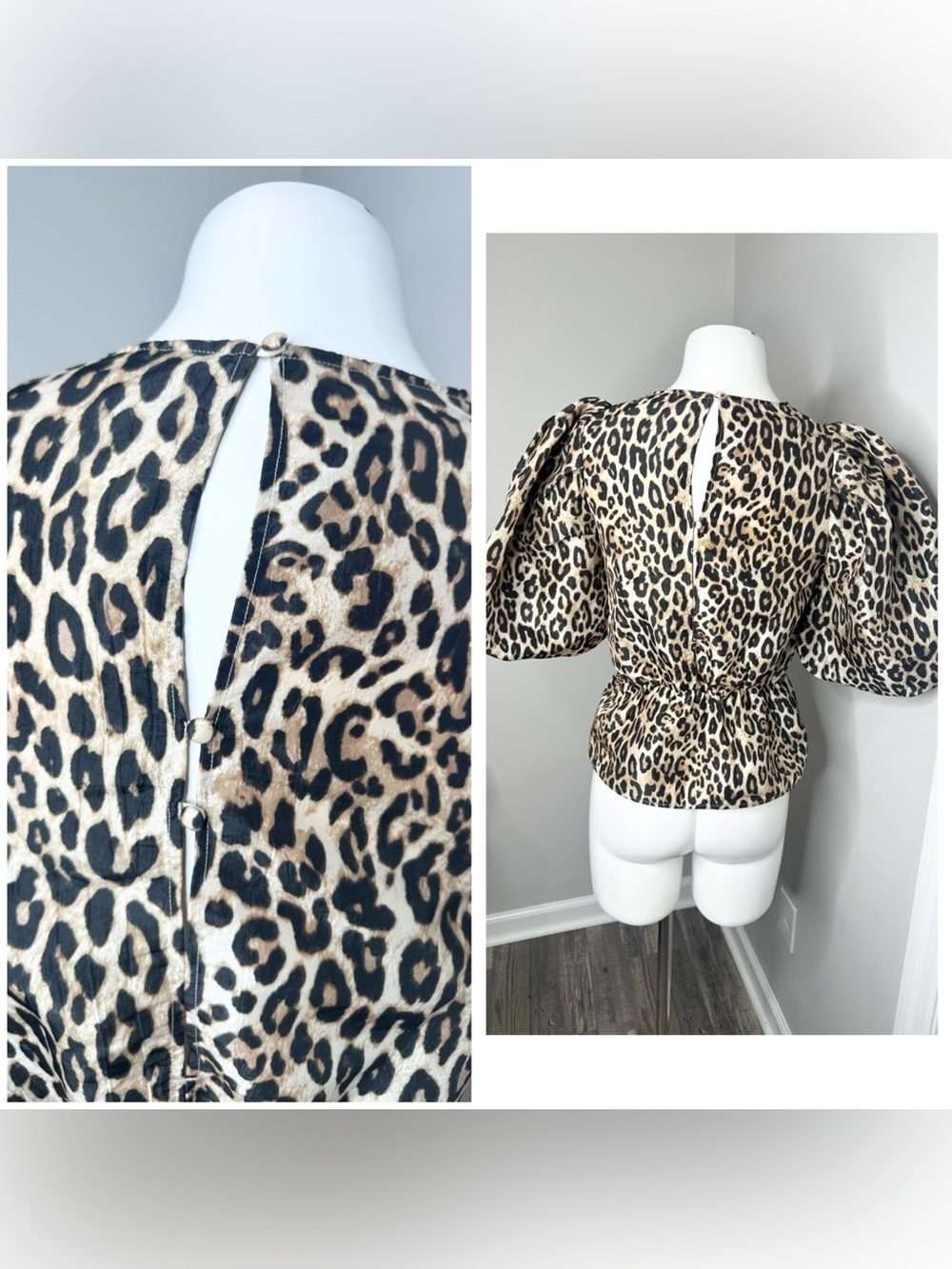 H&M Leopard Print Puff-Sleeve Peplum Top - Beige Black- XS - Picture 5 of 7